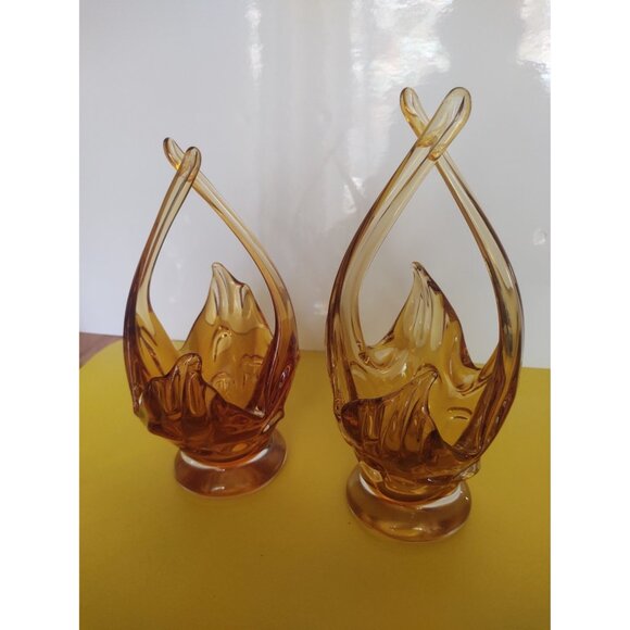 Vintage Chalet Canada Art Glass Vases Amber/Orange set of 2 1960's 11" - Picture 2 of 16